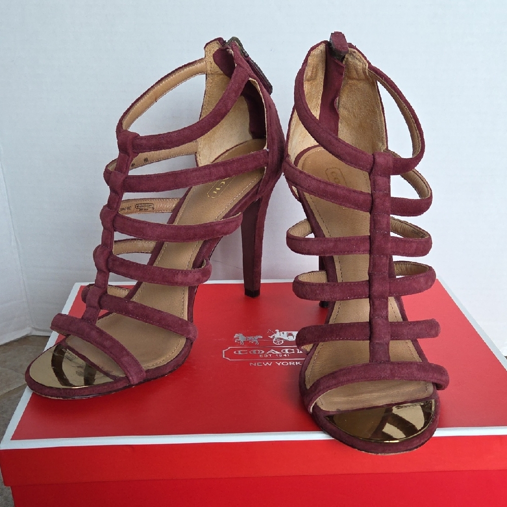 Coach Lavania Kid Suede Burgundy Strappy Heels